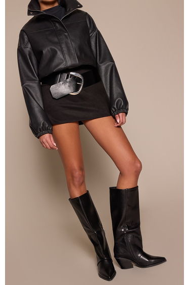 Black Faux Leather Cuban Block Heel Knee High Boot