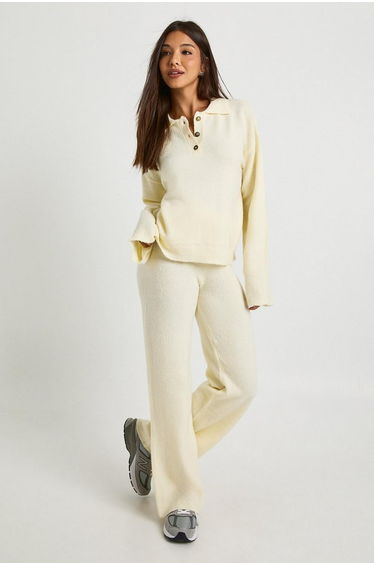 Collared Button Down Oversized Knitted Jumper And Straight Leg Trouser Co-Ord - cream