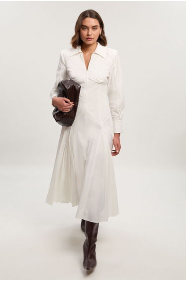Pleated Detail Cotton Long Sleeve Woven Midi Dress