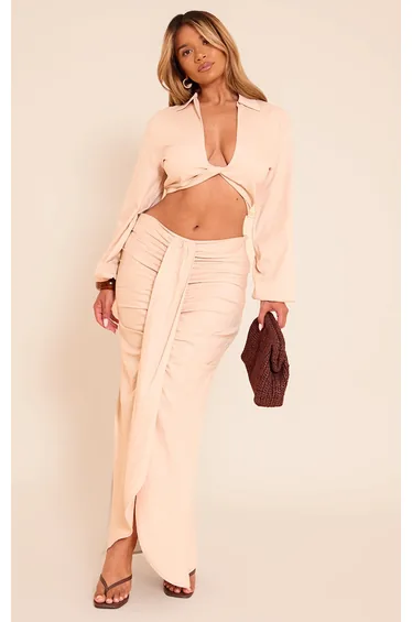 Shape Stone Linen Drape Front Maxi Skirt