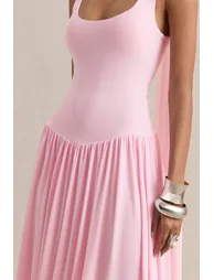 Aurina | Pink Square-Neck Maxi Dress With Cape - 6