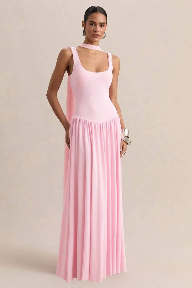 Aurina | Pink Square-Neck Maxi Dress With Cape