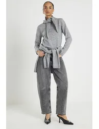 Grey Knitted Scarf Neck Jumper