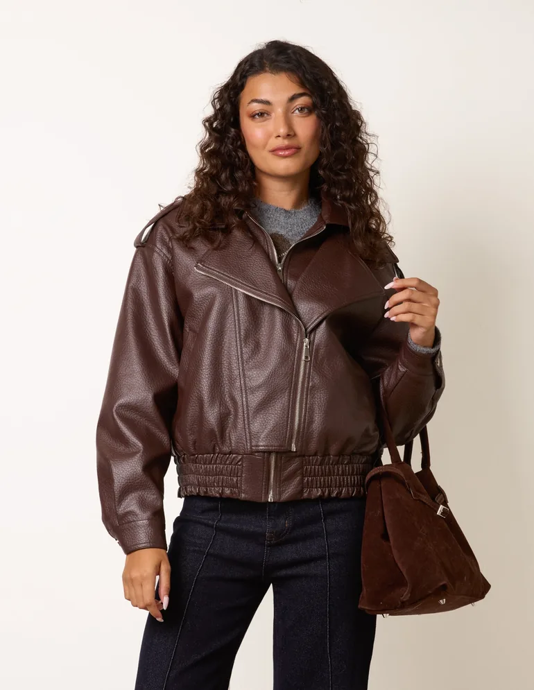 Double Zip Oversized Faux Leather Jacket - 2