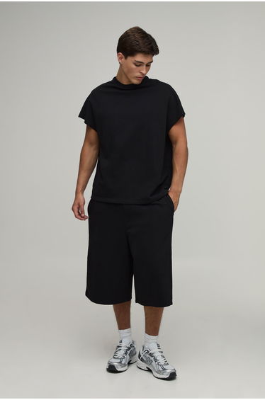 Oversized Boxy Loopback Cap Sleeve T-Shirt and Jorts Set - black