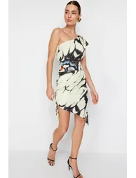 Limited Edition Multi Color Printed Midi Asymmetric Neck Stretch Knitted Dress