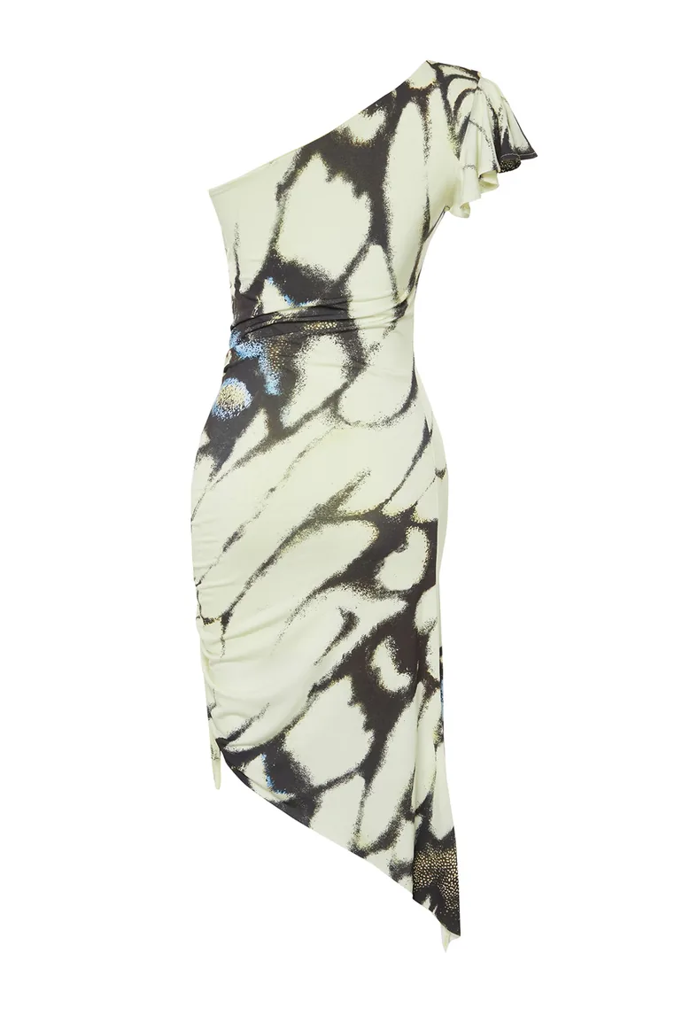 Limited Edition Multi Color Printed Midi Asymmetric Neck Stretch Knitted Dress - 12