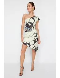 Limited Edition Multi Color Printed Midi Asymmetric Neck Stretch Knitted Dress - 2