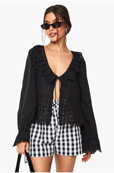 Ruffle Broderie Tie Detail Blouse - black