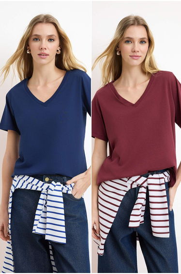 Burgundy-Navy Blue 100% Cotton 2-Pack Regular Fit Basic V-Neck Knitted T-Shirt