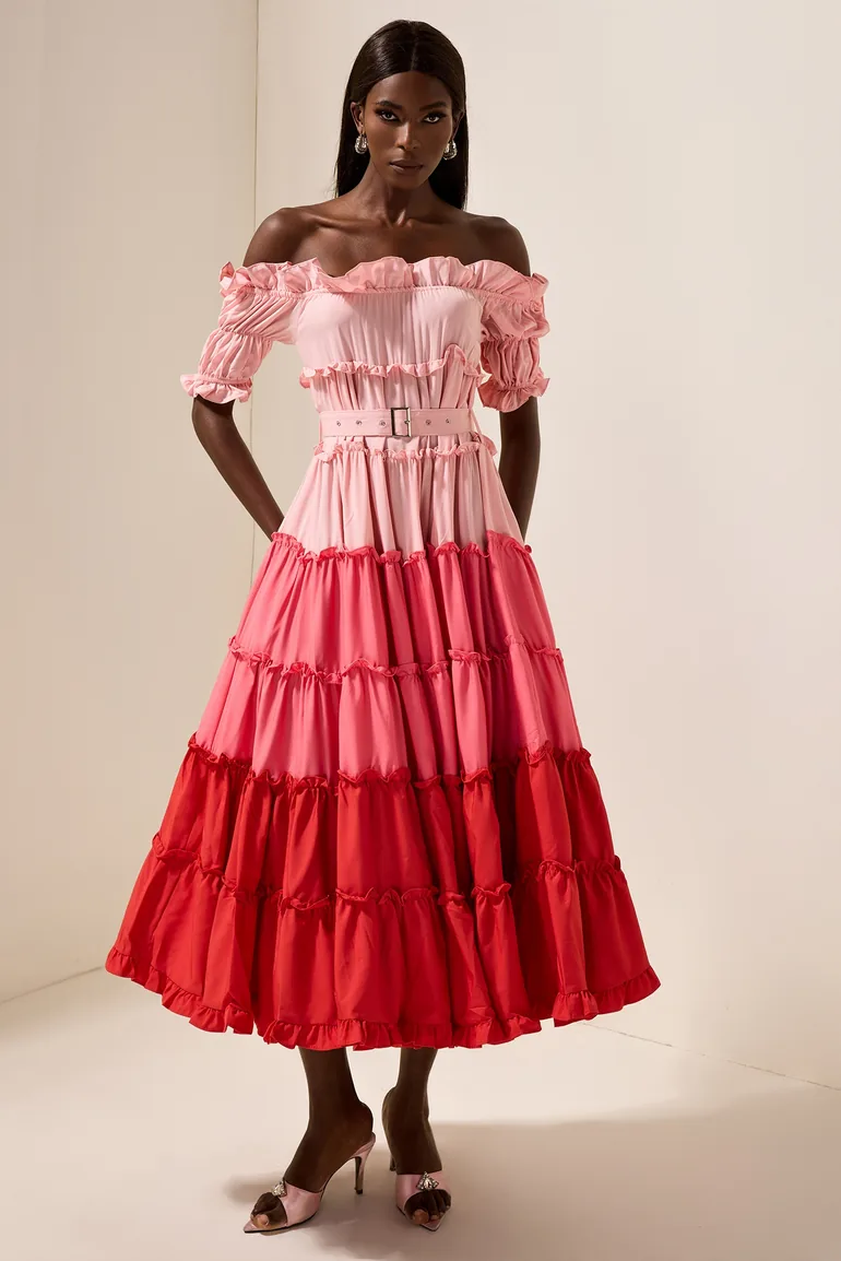 open lace back dress Red Ruffle Midi Dress – Neon The Labels