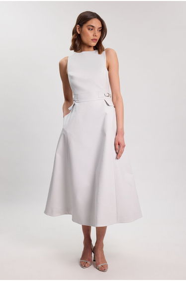 Premium Cotton Tailored Fabric Belted Buckle Midi Dress