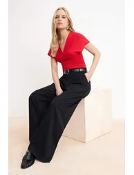 Red Fitted/Bodycon Shirred/Drape Detail Knitted Blouse