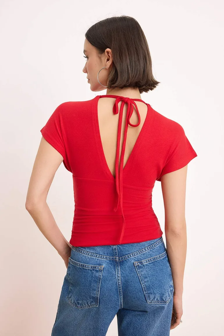 Red Fitted/Bodycon Shirred/Drape Detail Knitted Blouse - 7