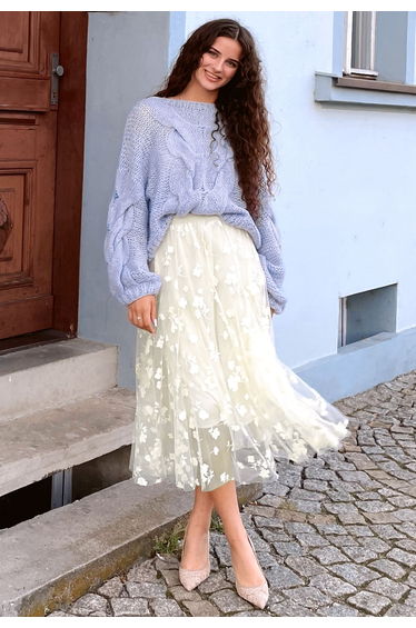 3D Posy Double-Layered Mesh Midi Skirt in Cream