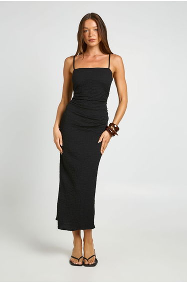 Textured Ruched Waist Midaxi Dress - black