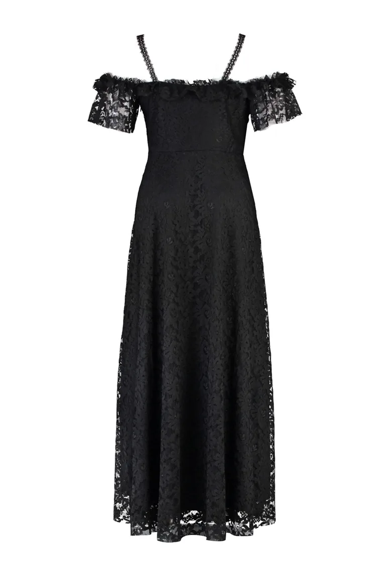 Black Plus Floral Embroidered A-Line Maxi Dress with Ruffles - 5