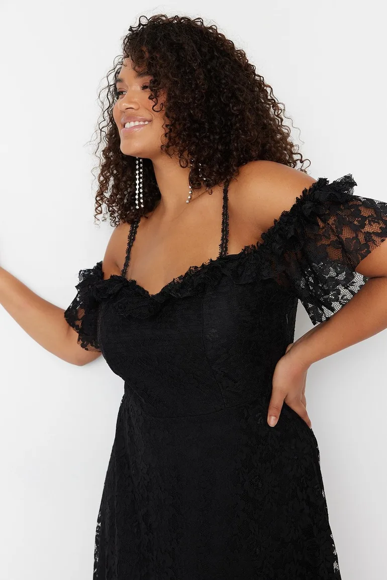 Black Plus Floral Embroidered A-Line Maxi Dress with Ruffles - 1