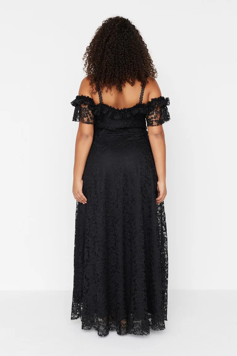 Black Plus Floral Embroidered A-Line Maxi Dress with Ruffles - 3