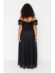 Black Plus Floral Embroidered A-Line Maxi Dress with Ruffles - 3
