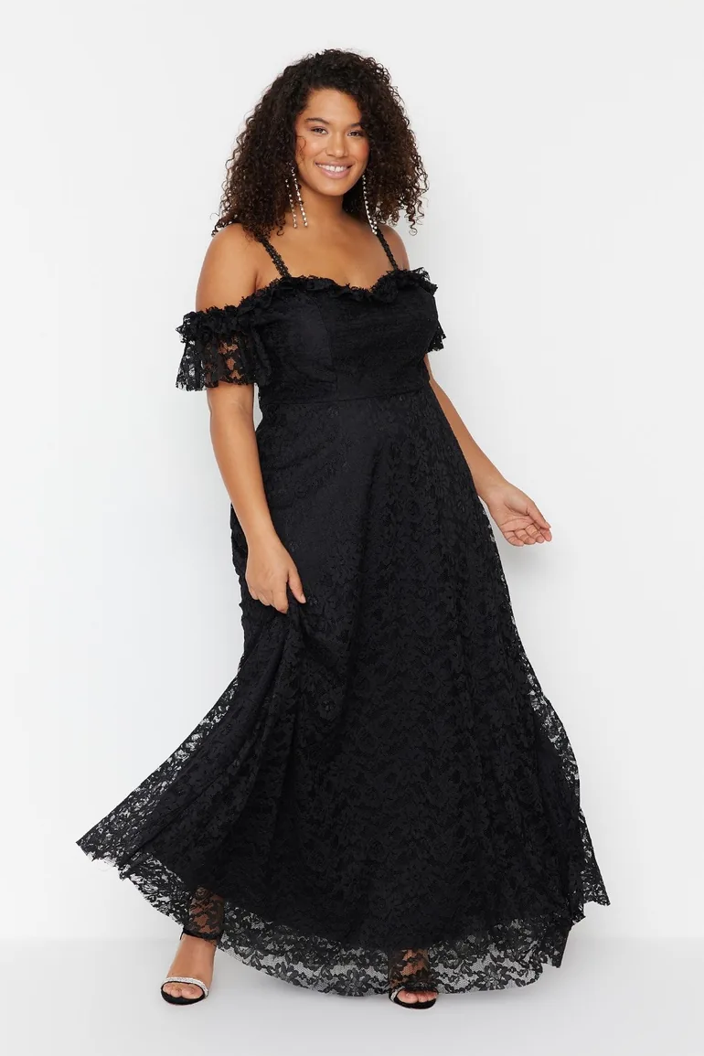 Black Plus Floral Embroidered A-Line Maxi Dress with Ruffles