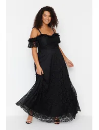 Black Plus Floral Embroidered A-Line Maxi Dress with Ruffles