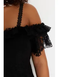 Black Plus Floral Embroidered A-Line Maxi Dress with Ruffles - 6