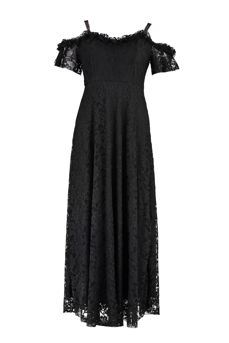 Black Plus Floral Embroidered A-Line Maxi Dress with Ruffles - 4