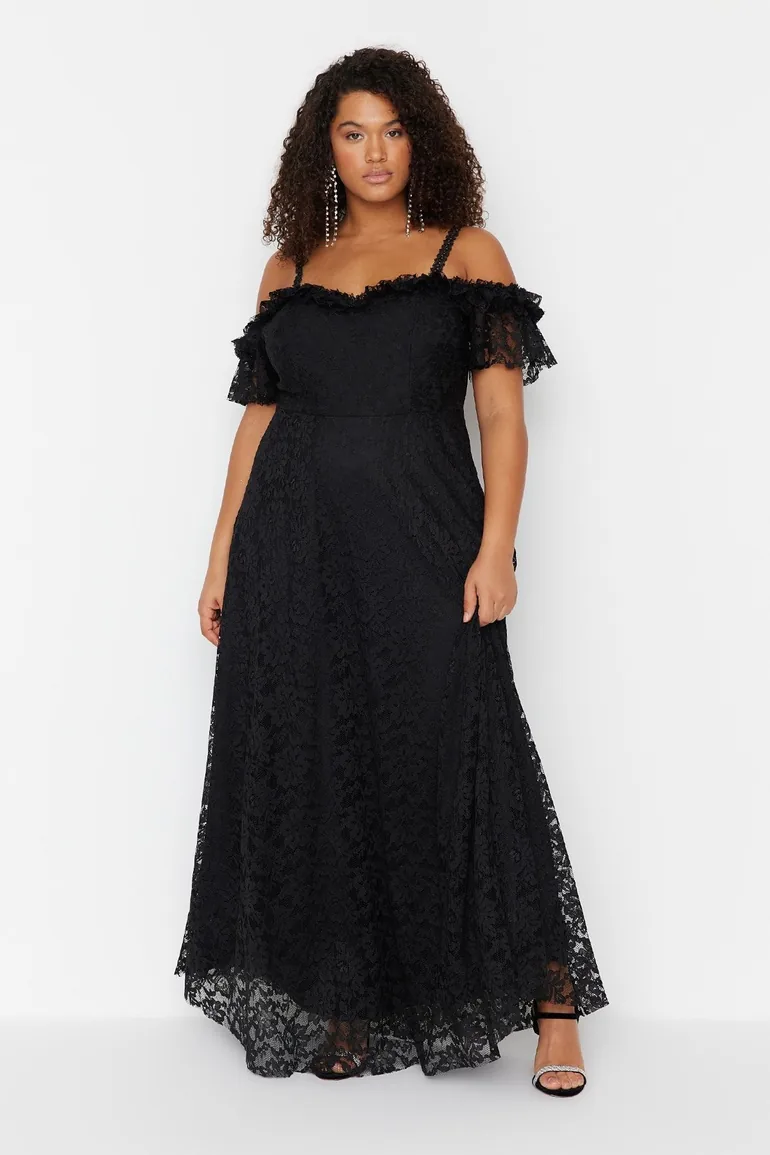 Black Plus Floral Embroidered A-Line Maxi Dress with Ruffles - 2