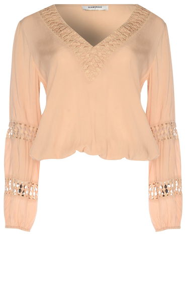 Glamorous Sandstone V-Neck Ruffle Long Sleeve Crochet Top