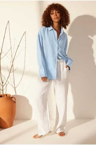 Blue 100% Linen Pocket Detailed Oversized Shirt