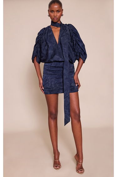 Blue Print Satin V Neck Mini Dress