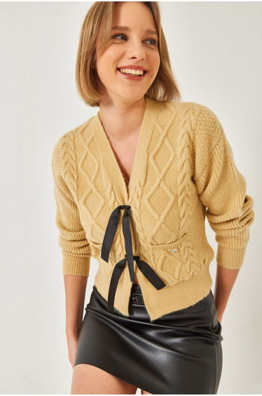 LUCCI Textured V-Neck Cropped Cardigan with Pompom