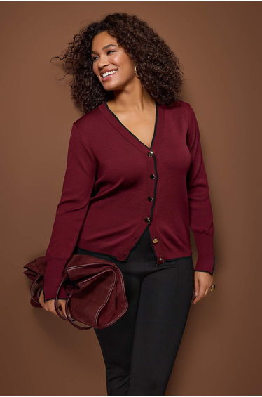 Burgundy button detailed striped knit cardigan