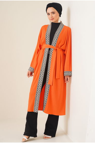 Embroidered Knitted Long Kimono - Orange
