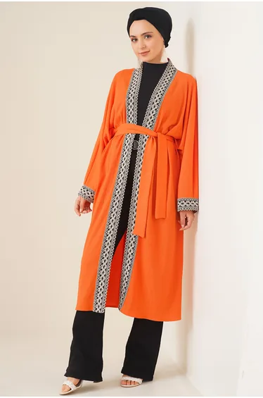 Embroidered Knitted Long Kimono - Orange