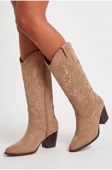 Faux Suede Cut Out Detail Embroidered Western Cowboy Boots - taupe
