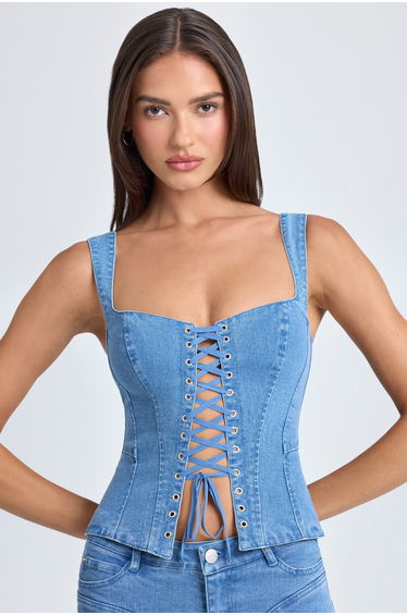 Lace-Up Corset Top in Mid Blue Stonewash