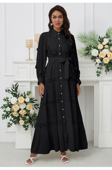 3D Floret Embellished Cutwork Lace Button Down Maxi Dress in Black