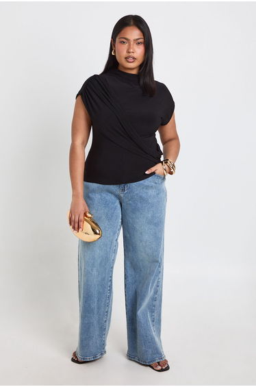 Plus Slinky Wrap Detail Short Sleeve Top - black