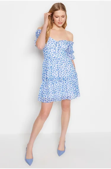 Floral Off-Shoulder A-Line Midi Skater Dress with Ruffles