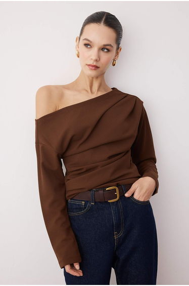 Dark Brown Shirring/Drape Detail Flowy Asymmetric Neckline Knitted top