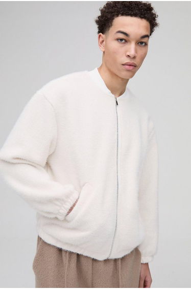 Oversized Boxy Fluffy Textured Bomber Jacket - ecru