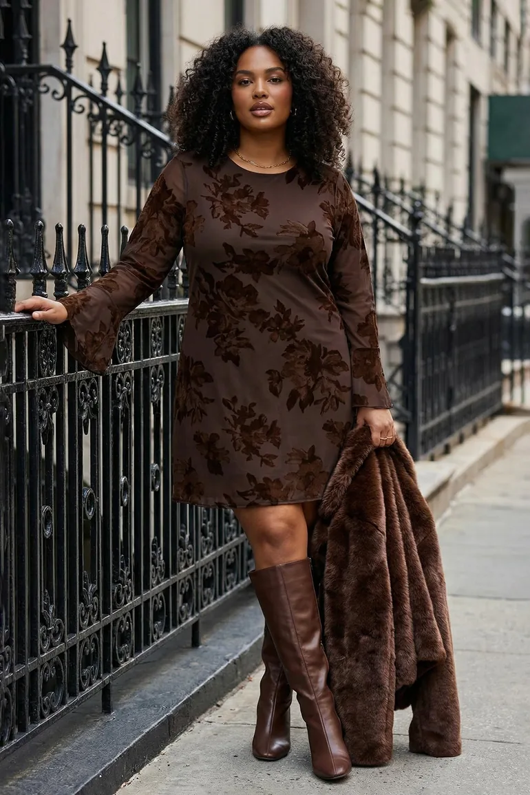 bodycon dress with flare sleeves Brown flocked bodycon mini dress with tulle flare sleeves, lined stretch  knit dress Trendyol Curve Brown : Dresses : VogaCloset Iraq
