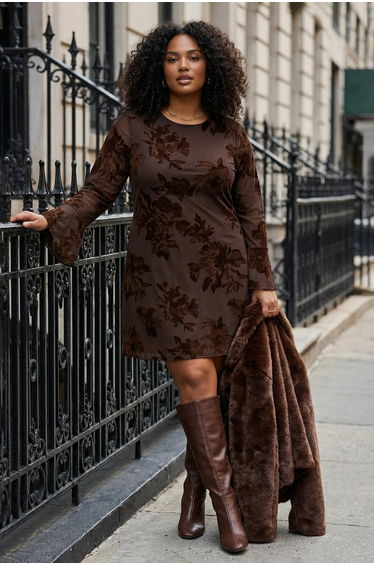 Brown flocked bodycon mini dress with tulle flare sleeves, lined stretch knit dress