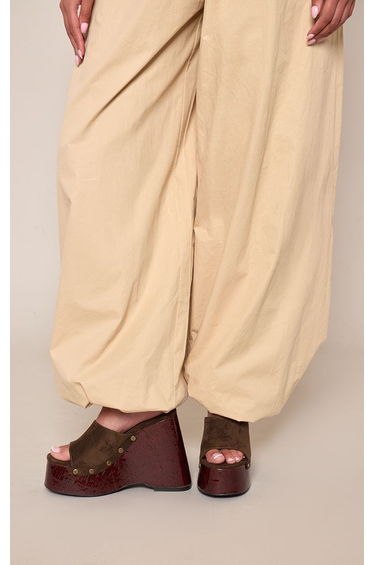Khaki Faux Suede Studded Mule Wedges