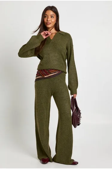 Super Soft V Neck Collared Knitted Jumper and Straight Leg Trouser Co-Ord - khaki