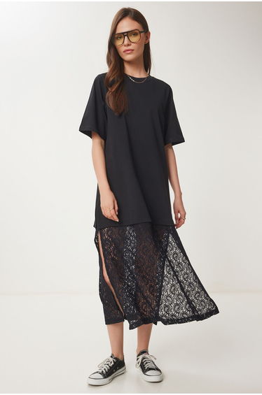 Women's Black Stretchy Knitted Top Lace Skirt Dress
