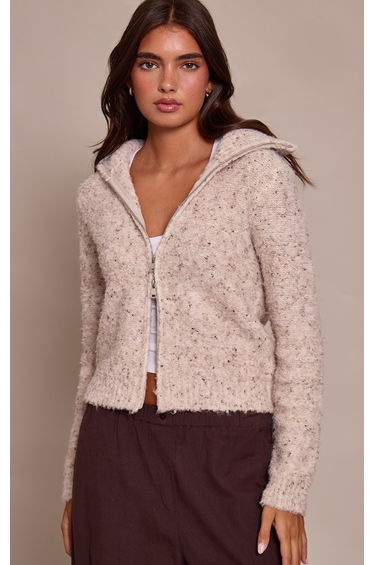Beige Marl Zip Through Cardigan