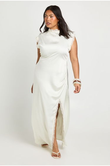 Plus Satin High Neck Maxi Dress with Lace Trim - ivory